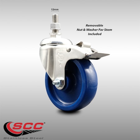 Service Caster 4 Inch 316SS Solid Polyurethane Swivel 12mm Stem Caster Total Lock Brake SCC SCC-SS316TSTTL20S414-SPUS-M1215